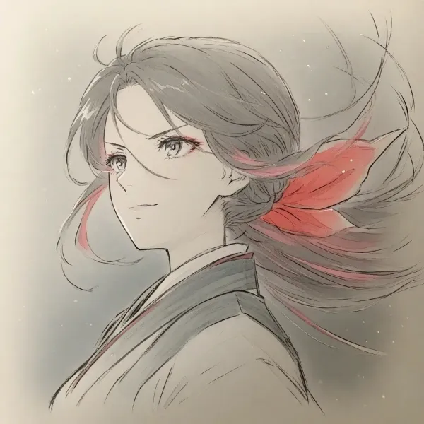 風に舞う紅葉の黒髪美人