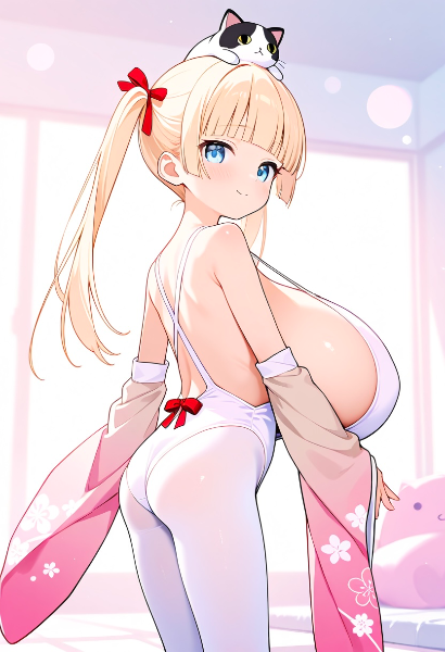 和風？振袖レオタードなロリ爆乳ちゃん、猫 on head