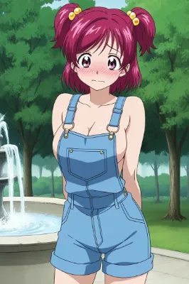 噴水前の頰赤らめ少女