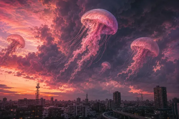 巨大クラゲが舞う夕焼けの空