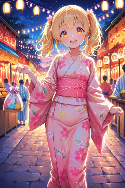 夏祭りの灯りに包まれた浴衣の少女