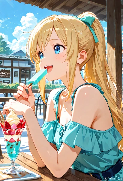 夏の甘いひと時：金髪少女の涼やかな休憩