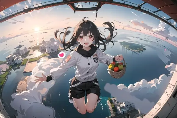 朝日の中、果物セットを持ち、ウキウキしながら、飛行機から飛び降りてみた