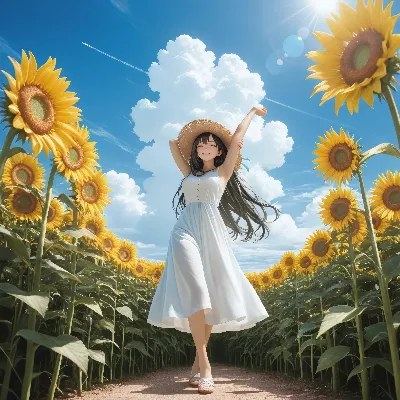 夏空に咲くひまわりと少女