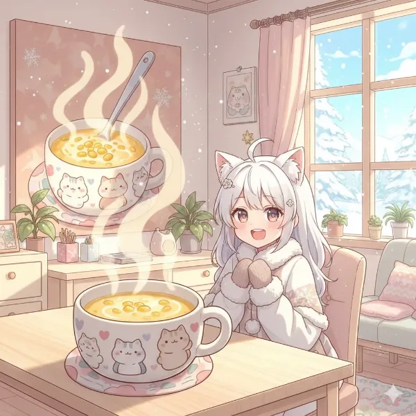 雪降る窓辺の温かなスープタイム