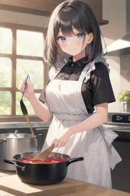 キッチンで鍋料理を作っている少女