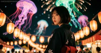 夜空に泳ぐ光の海。クラゲの灯籠と浴衣美女が織りなす幻想的な和モダン夏祭り