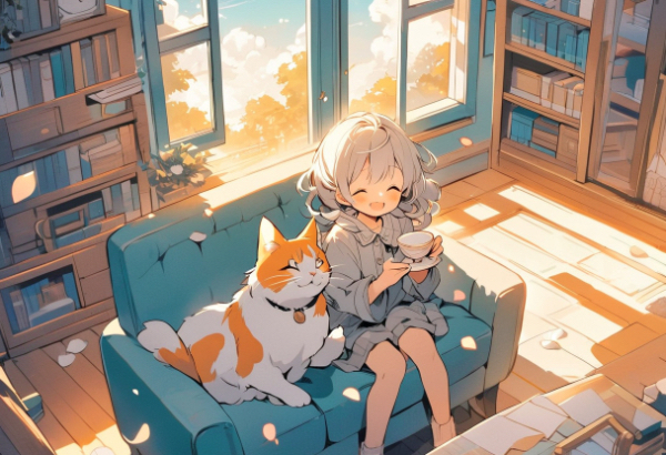 ターコイズ色のソファーベッドと午後のティータイム