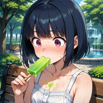 公園で溶ける緑のアイスと少女