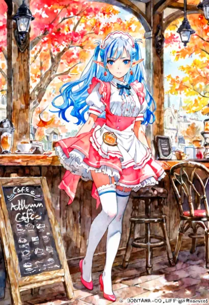 紅葉カフェの青髪エルフメイド