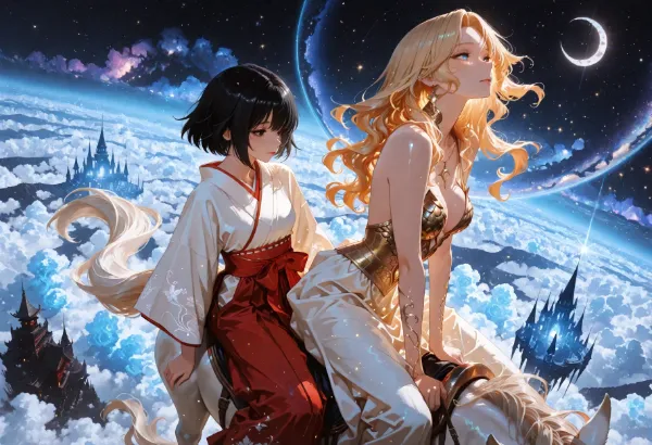 黒髪＆ブロンド・馬に乗った