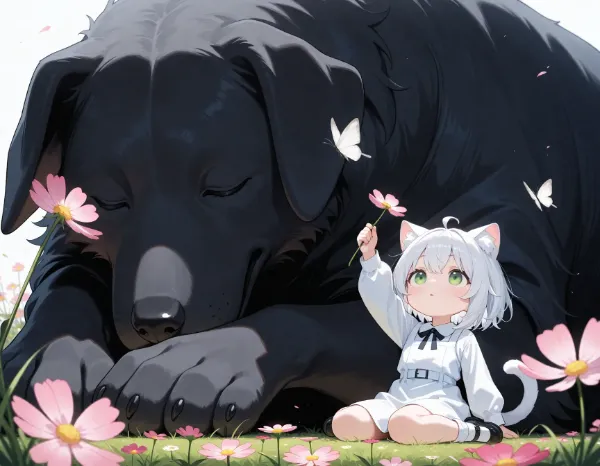 白猫と黒犬・コスモスと蝶々