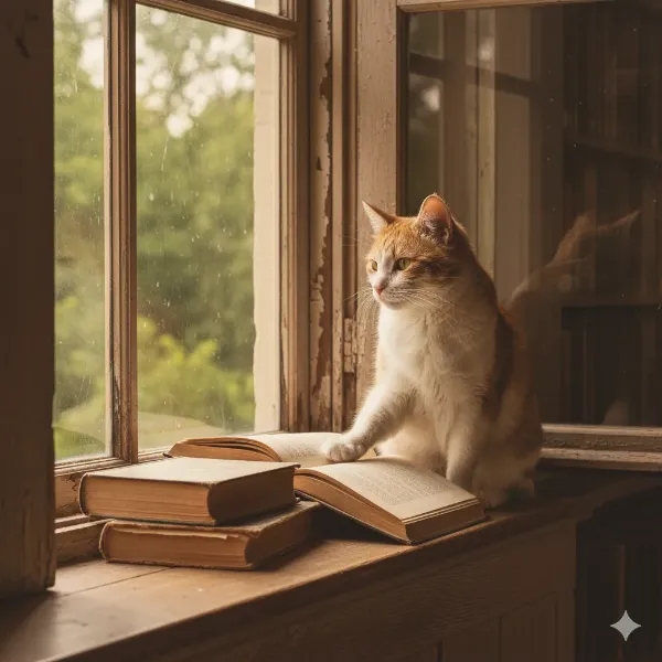 窓辺で本を読む猫