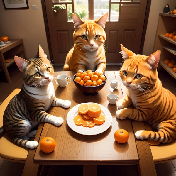 みかん🍊の前で猫ちゃんの話し合い誰が店番をするのか🤔2枚目が店番をしてる猫ちゃん