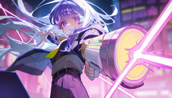 A cyberpunk girl firing a laser gun in a neon-lit city at night.