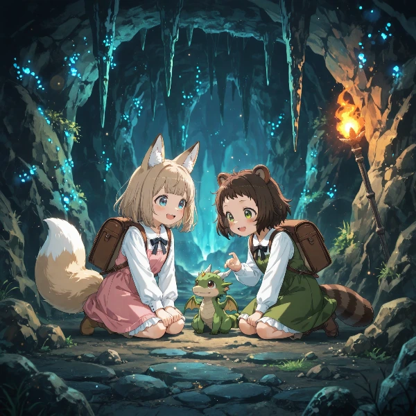 コン子とポン子・洞窟でドラゴンさんと出会った
