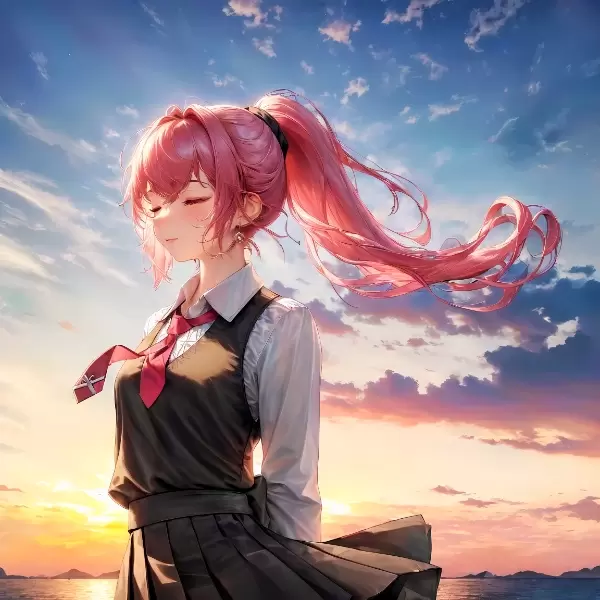 浜辺のポニーテール娘さん