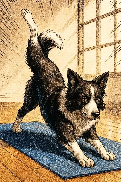 朝の光に伸びる賢い犬のヨガタイム