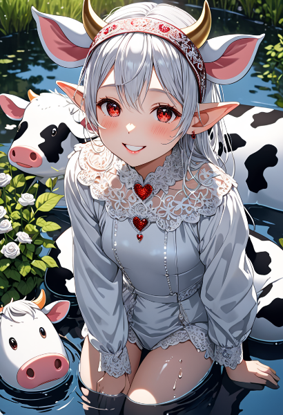 牛娘の湖畔での優しい微笑み