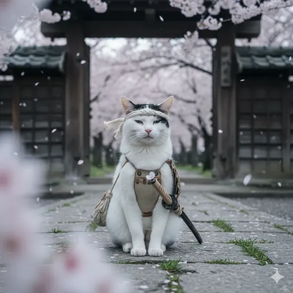 桜吹雪の道場前で佇む猫侍
