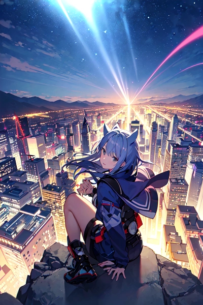 真夜中に山の上から放たれるライトの光