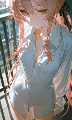 桃色髪ロング　Yシャツ