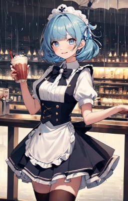 かわいい青髪ウエイトレスさん