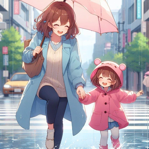 お母さんと一緒にレインコート