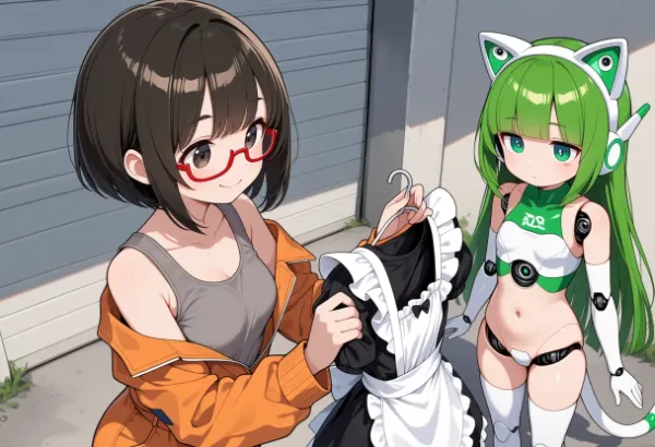 メイド服を差し出す少女と猫耳ロボット