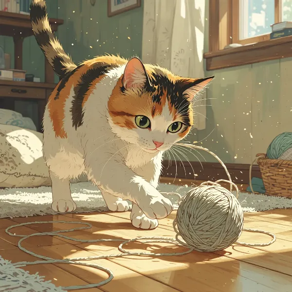 陽だまりの部屋で繰り広げられる三毛猫の毛糸大冒険