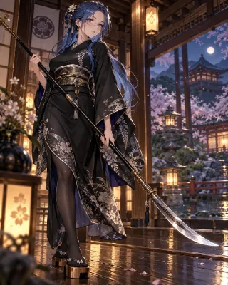 月夜の花影、黒衣の薙刀使い