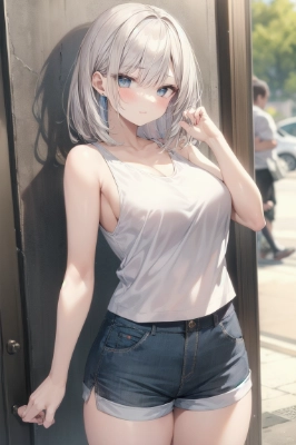 タンクトップを着てホットパンツをはいた美女