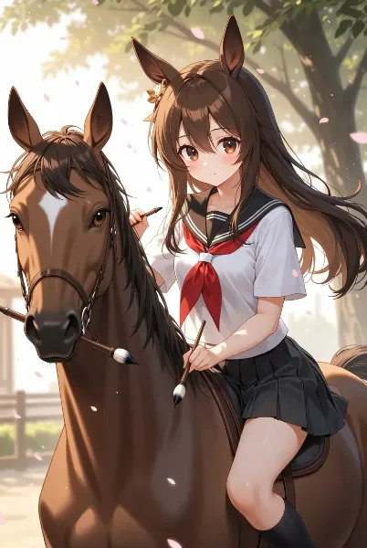 これから書き初めのために各自筆を持って出陣する馬とウマ耳系少女