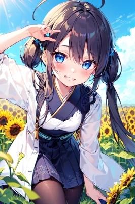 和装の彼女とひまわり
