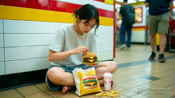 床に座り込んで夢中で食べる