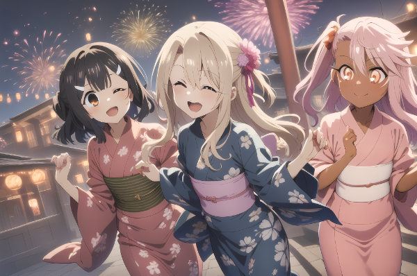 夏祭りを楽しむ浴衣姿の3人🎆