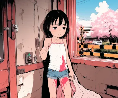 血のついた少女と桜