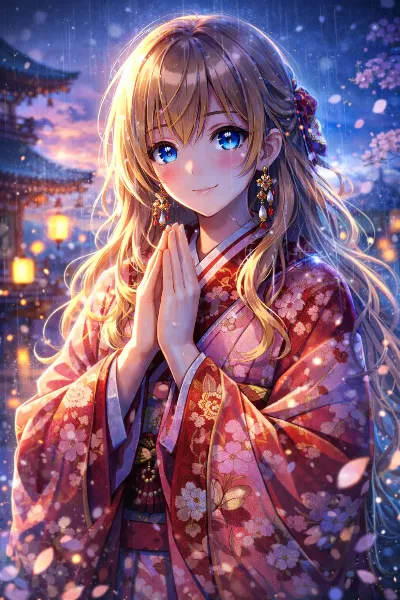 桜舞う夜の寺院で少女の祈り