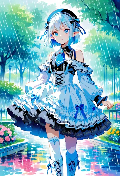 雨の庭園を駆ける青い妖精