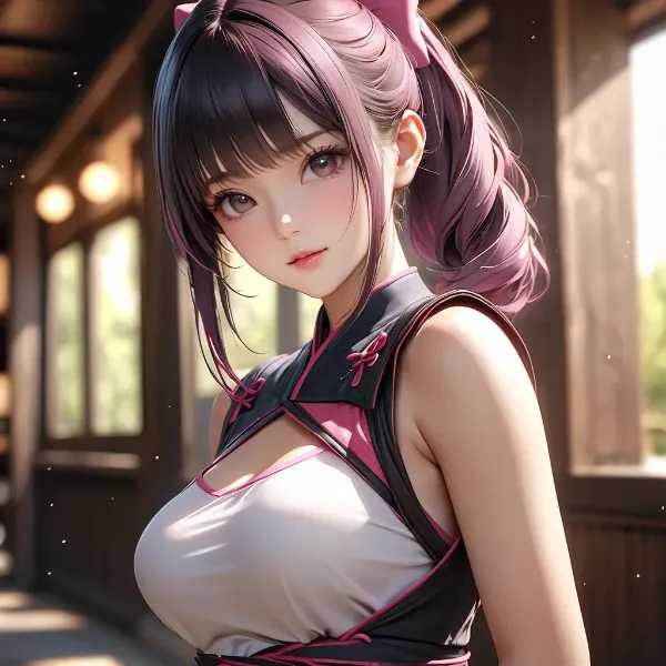 夕陽に輝くピンク髪の少女