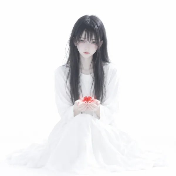 彼岸花を抱く白衣の少女｜静寂の白に浮かび上がる儚げな和モダンファンタジー