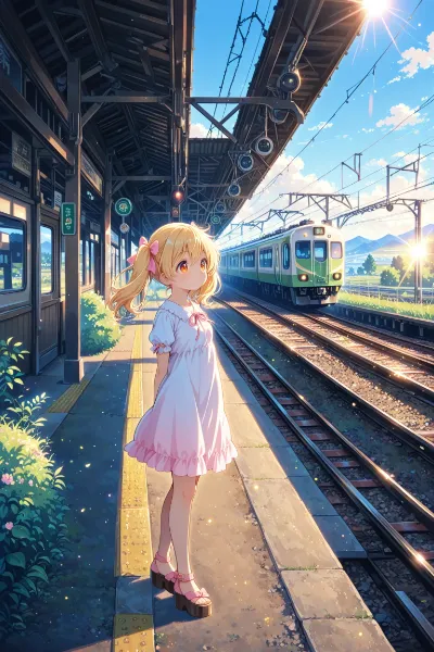 夏の光に包まれる駅の少女