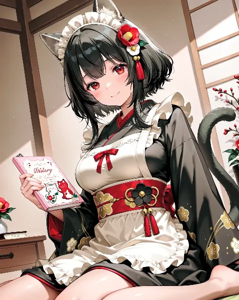 椿の猫耳メイド〜冬の和室で日記を書く〜