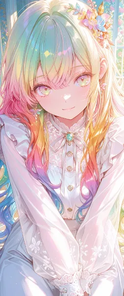 虹色の髪に花を添えた少女の微笑み