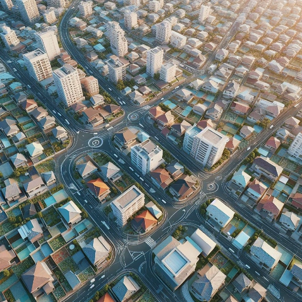 俯瞰の日本の住宅地のローポリゴン