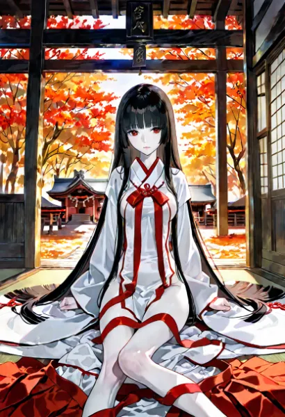 秋の紅葉に佇む黒髪巫女