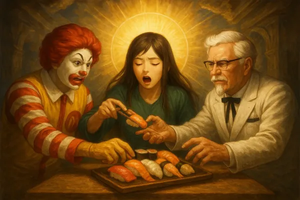 寿司を分け合う儀式をする者たちを表す平和的な絵画