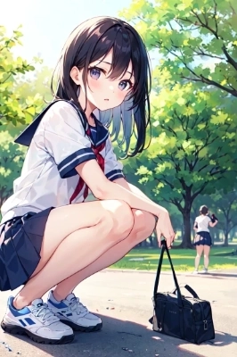 公園でしゃがんでいる女の子