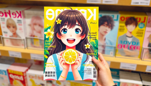 レモンを持った女の子が表紙の雑誌をてに持っている人の絵