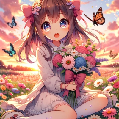 お花畑で楽しんでいる美少女